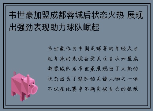 韦世豪加盟成都蓉城后状态火热 展现出强劲表现助力球队崛起