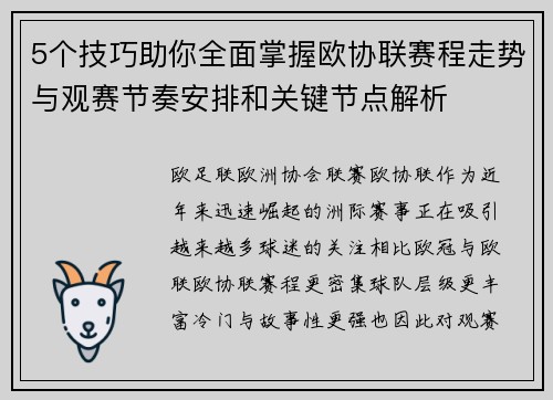 5个技巧助你全面掌握欧协联赛程走势与观赛节奏安排和关键节点解析