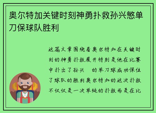 奥尔特加关键时刻神勇扑救孙兴慜单刀保球队胜利